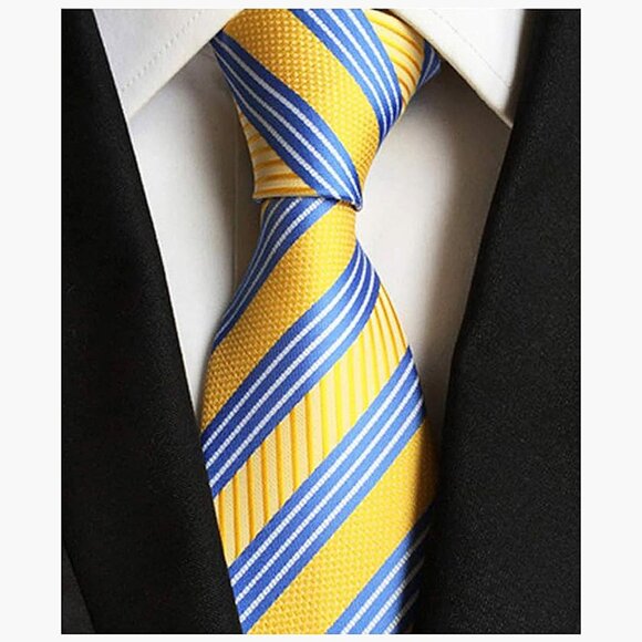 Men's Gingham Check Stripe Ties Pattern Business Yellow Blue Striped - Picture 2 of 4